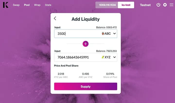 Adding liquidity in Kadenaswap